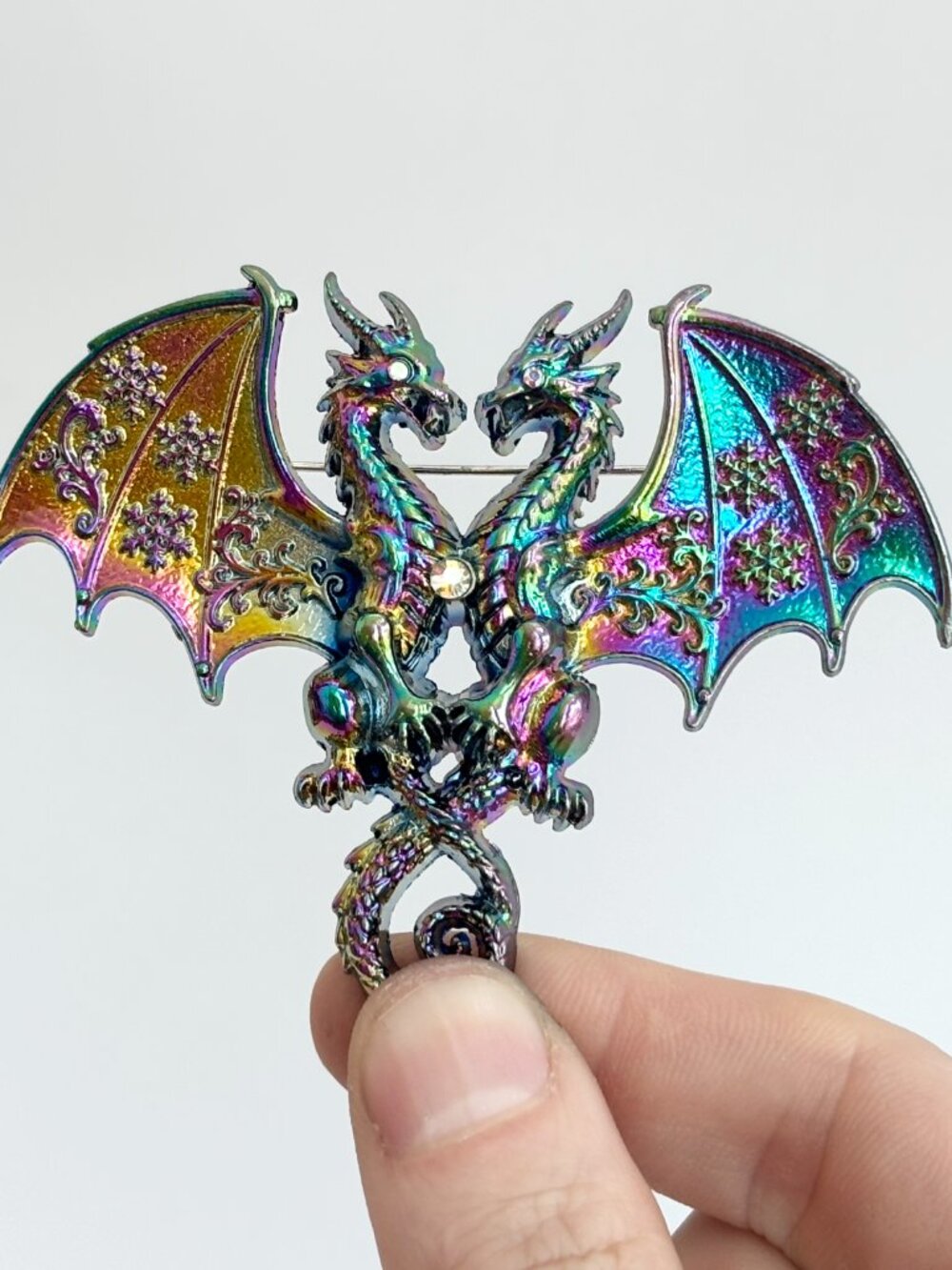Iridescent Twin Dragon Figural Rhinestone Accented Vintage Inspired Brooch Pin - Picture 15 of 16